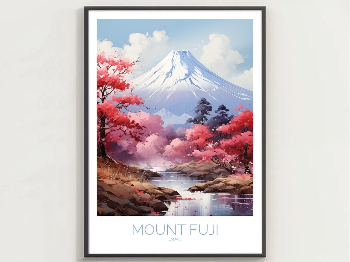 Mount Fuji Japan Cherry Blossom Spring Watercolor Landscape Poster