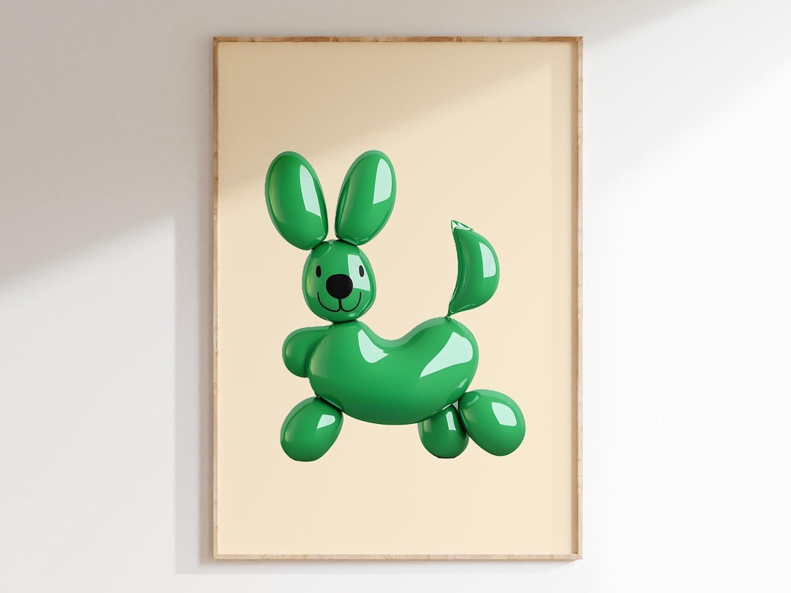 Green Balloon Dog on Beige Background Playful Kids Room Dog Art Poster