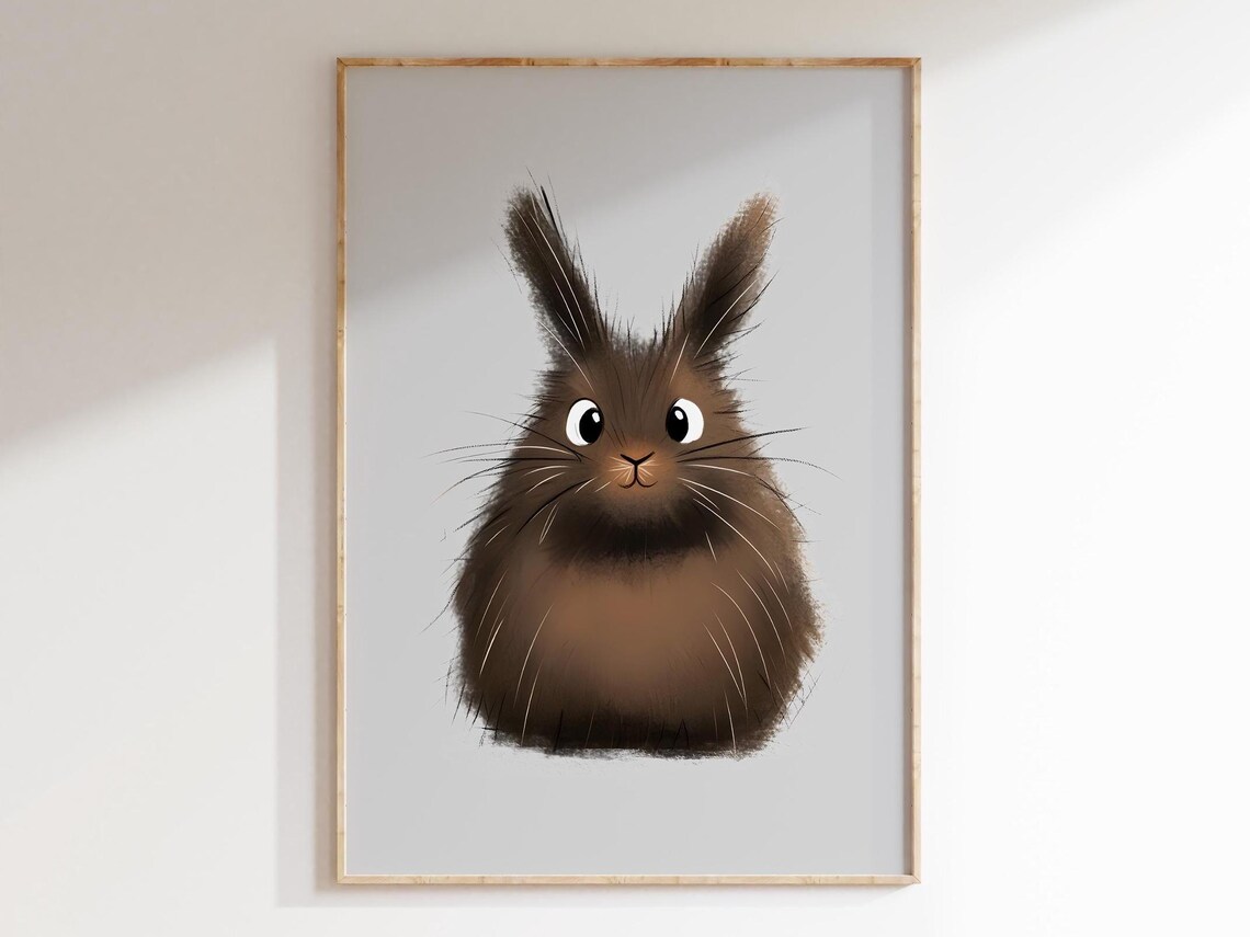 Fluffy Brown Bunny Portrait with Big Eyes Cute Nursery Animal Poster