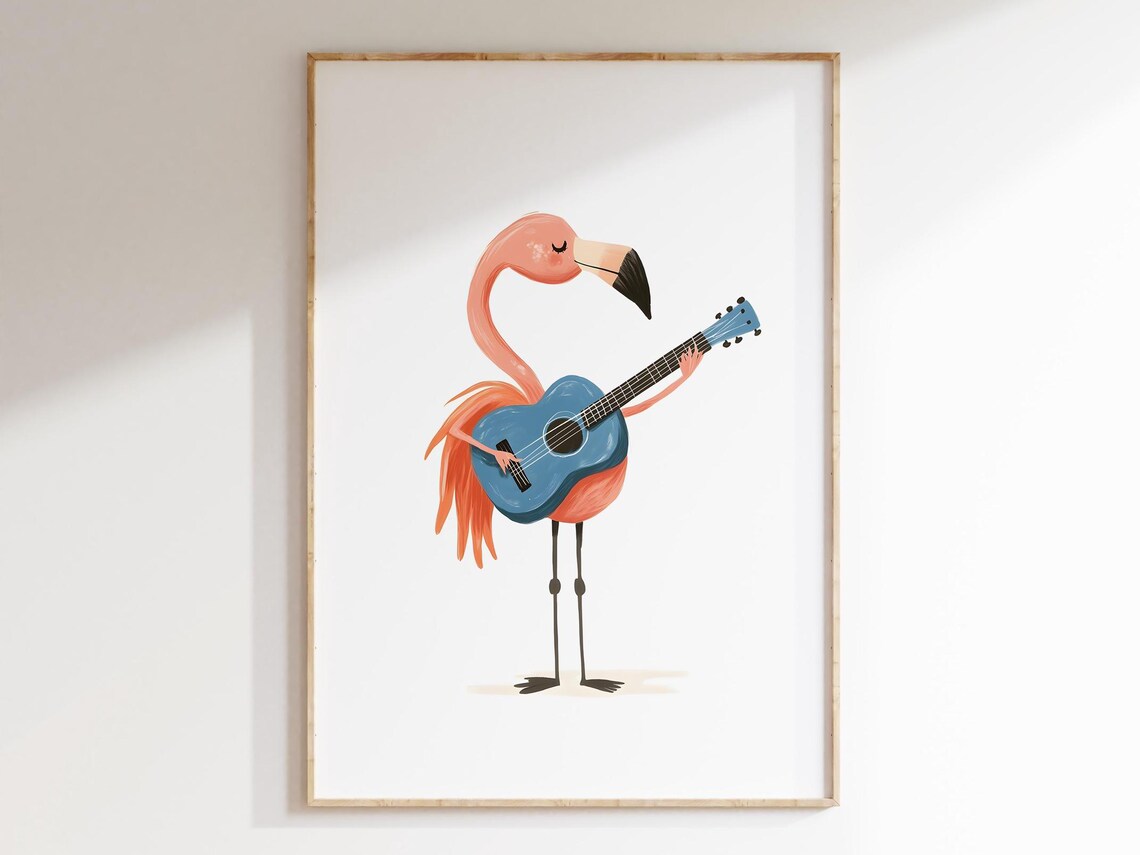 Pink Flamingo and Blue Guitar Boho Nursery Art Print