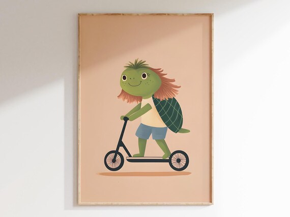 Smiling Turtle with Red Hair Riding a Kick Scooter Nursery Wall Poster