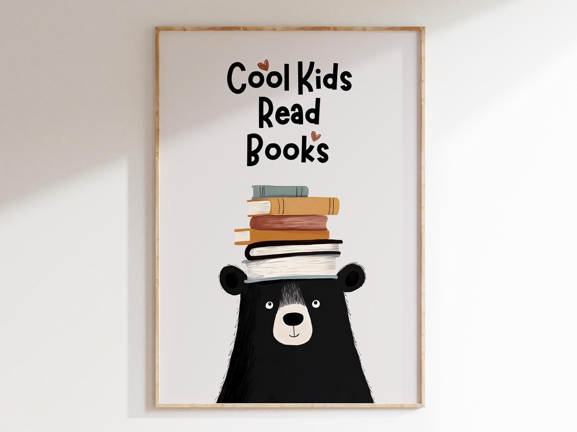 Cool Kids Read Books Black Bear Funny Motivational Nursery Poster