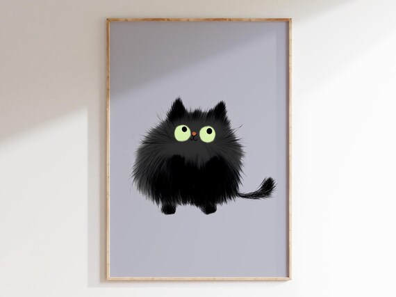 Fluffy Black Cat with Green Eyes on Grey Cute Nursery Animal Poster