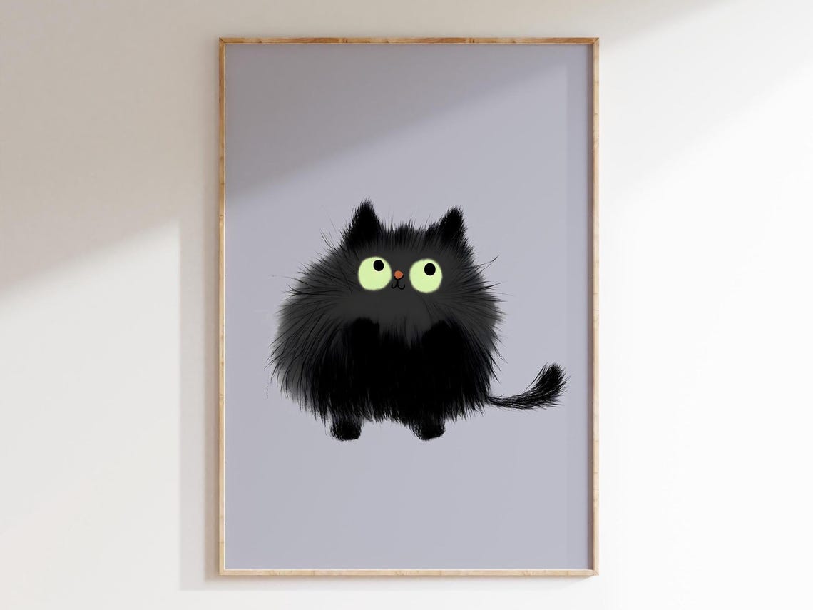 Fluffy Black Cat with Green Eyes on Grey Cute Nursery Animal Poster