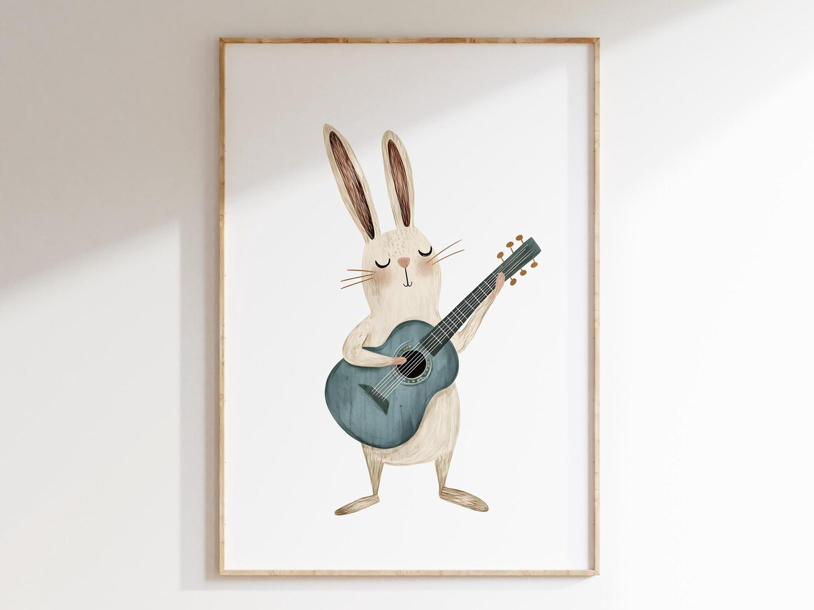 Hipster Rabbit Playing Guitar, Boho Nursery Art Print