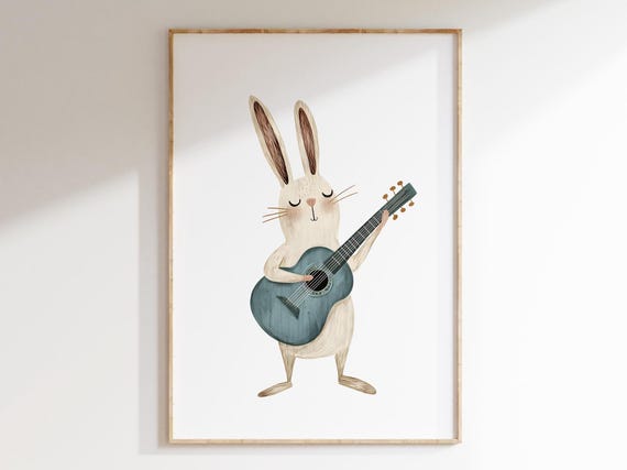 Hipster Rabbit Playing Guitar, Boho Nursery Art Print