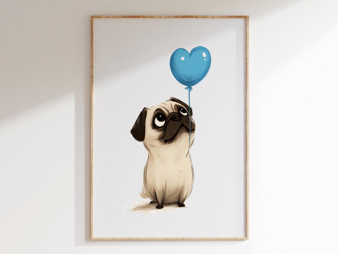Cute Pug With Balloon, Whimsical Nursery Dog Art Print