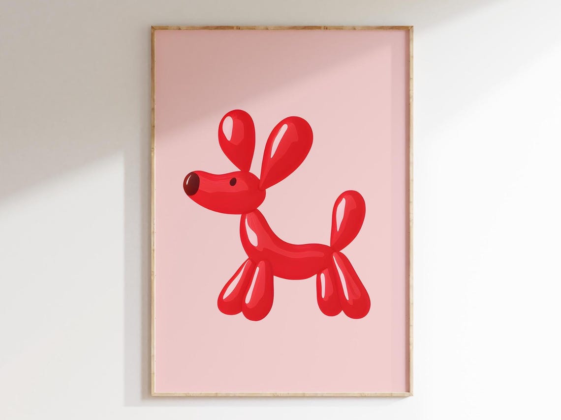 Red Balloon Dog Standing on Pink Background Cute Kids Room Poster Art