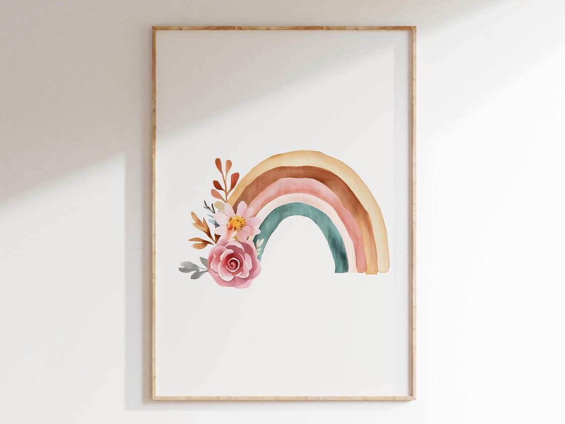 Boho Rainbow Watercolor with Pink Flowers Nursery Floral Art Poster