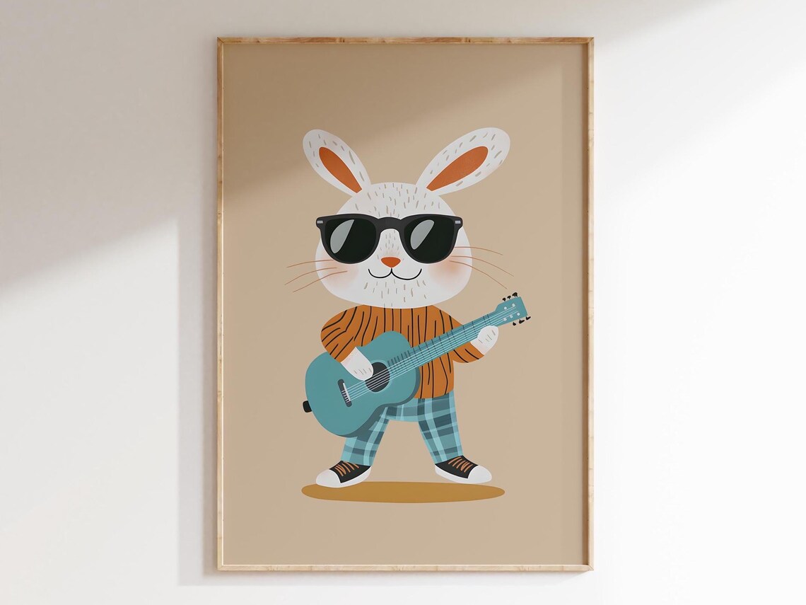 Hipster Rabbit With Sunglasses and Green Guitar Art Print