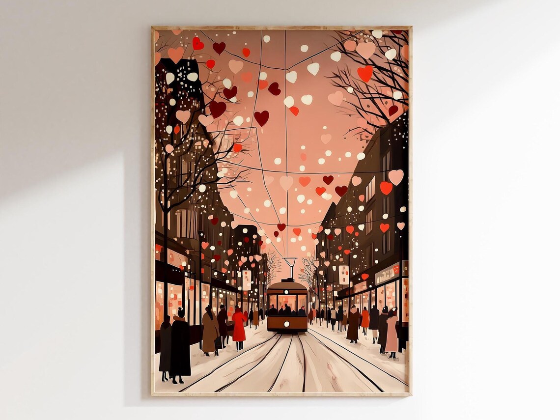 Romantic Valentine Street with Tram Under Heart Lights Vintage Poster