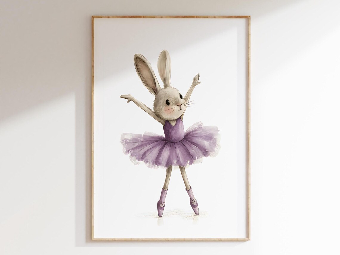Whimsical Bunny Ballerina in Purple Tutu Ballet Nursery Animal Poster