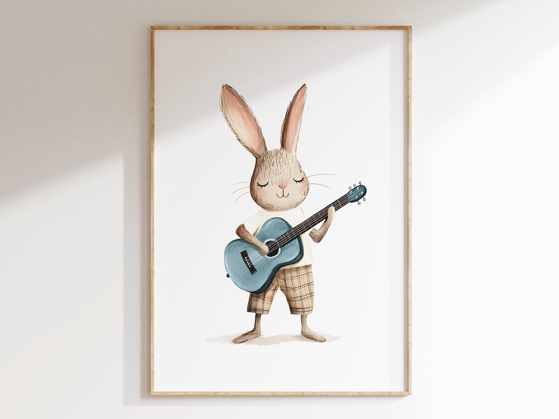 Sweet Bunny Playing a Blue Guitar in Watercolor Nursery Style Poster