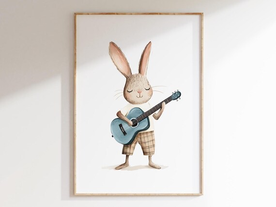 Sweet Bunny Playing a Blue Guitar in Watercolor Nursery Style Poster