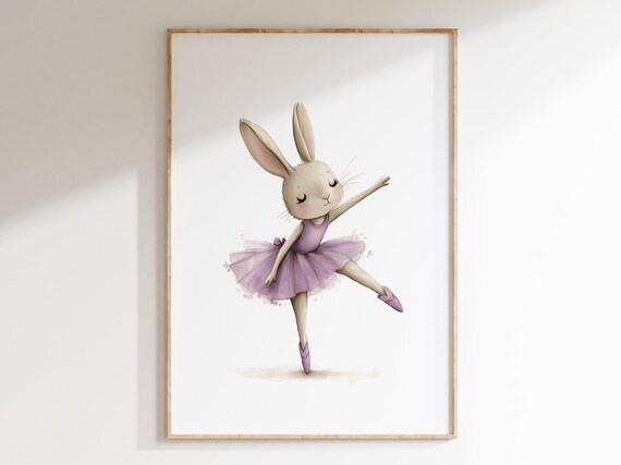 Ballerina Bunny Dancing in Purple Tutu Watercolor Nursery Poster