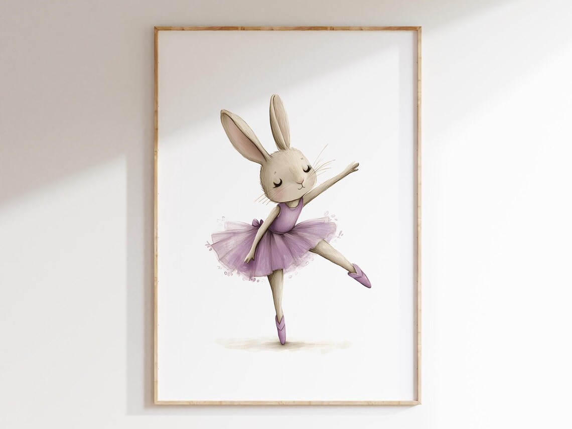 Ballerina Bunny Dancing in Purple Tutu Watercolor Nursery Poster