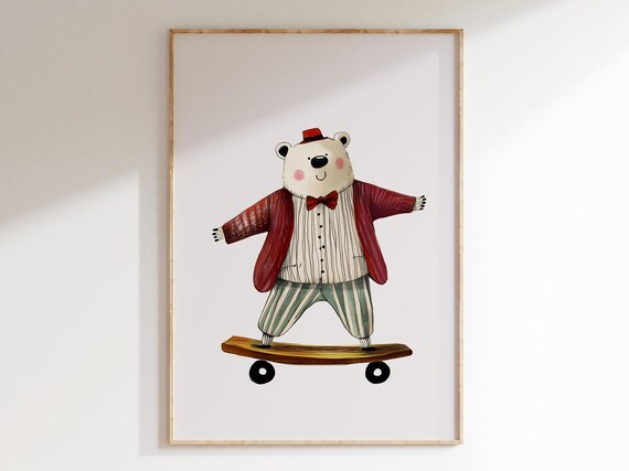 Skateboarding Polar Bear Red Jacket Funny Animal Nursery Poster
