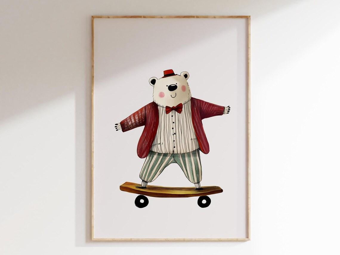 Skateboarding Polar Bear Red Jacket Funny Animal Nursery Poster