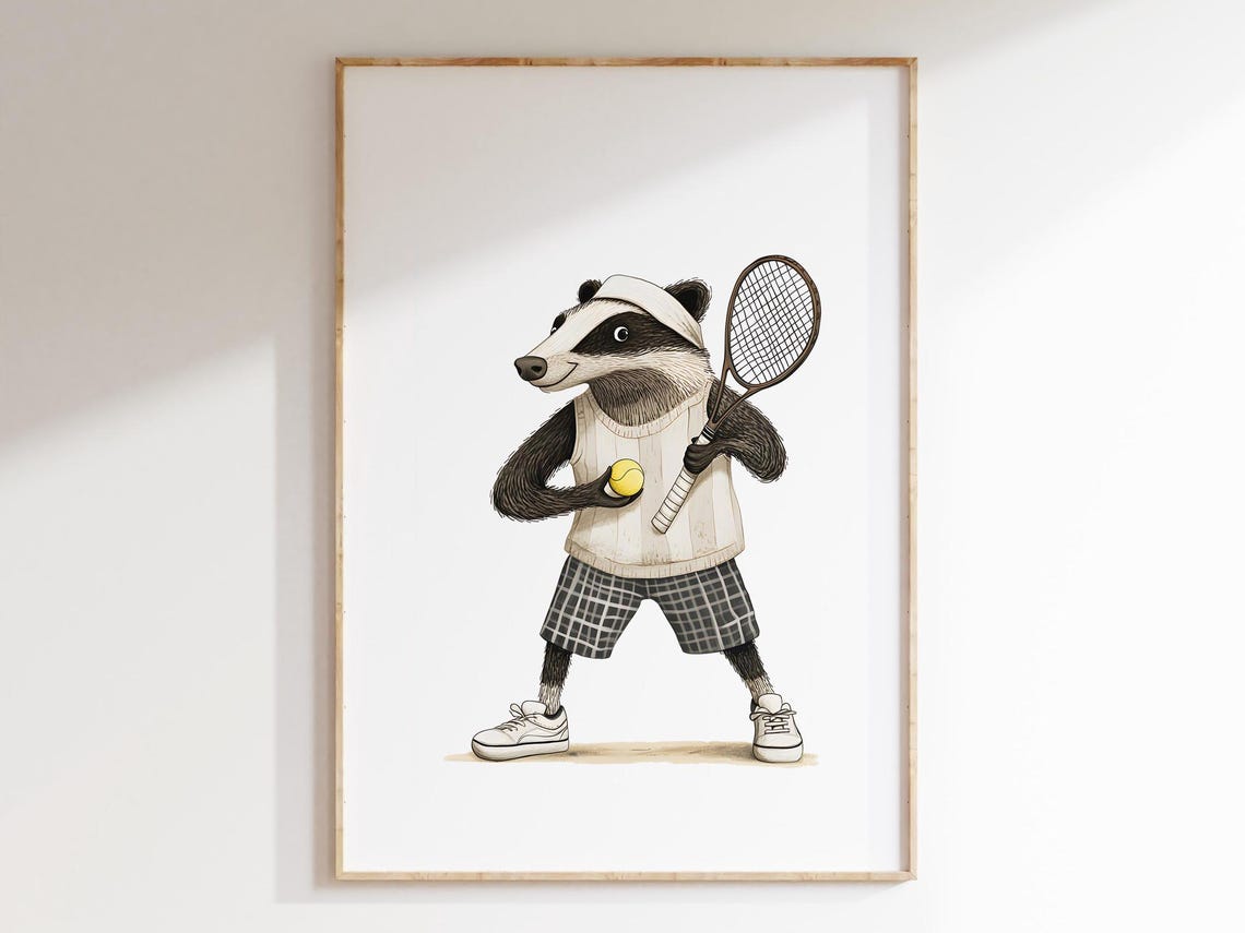 Classic Vintage Badger Tennis Player Holding Wooden Racket Poster