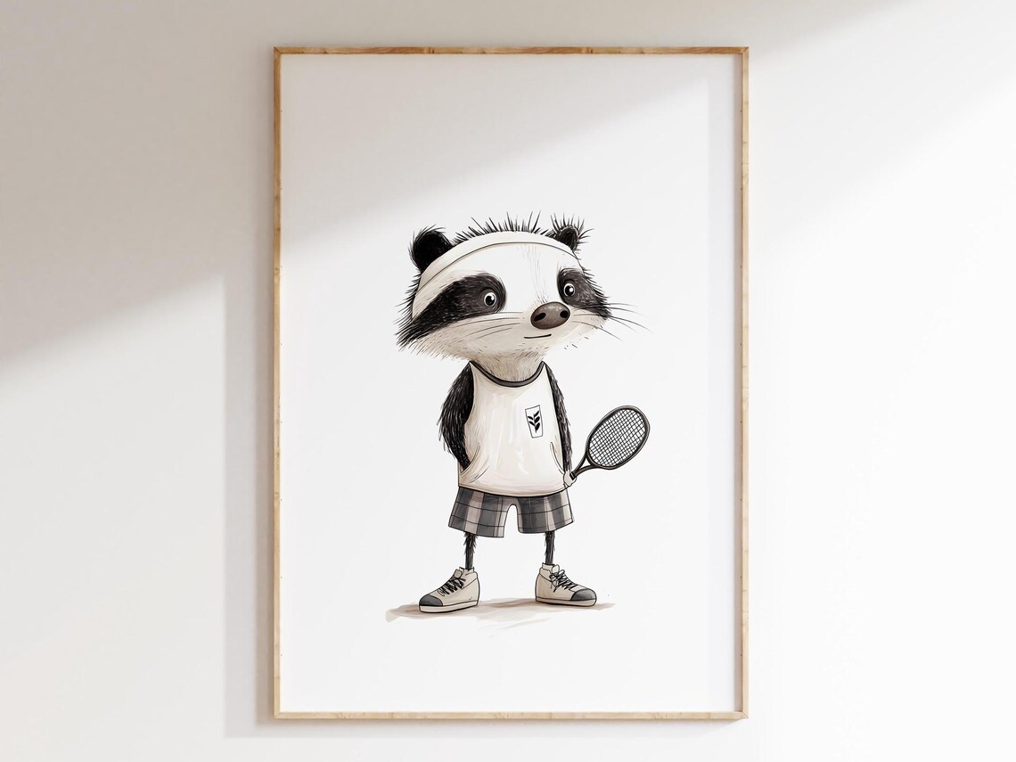 Chill Badger in Tennis Gear Holding a Racket Kids Sport Animal Poster