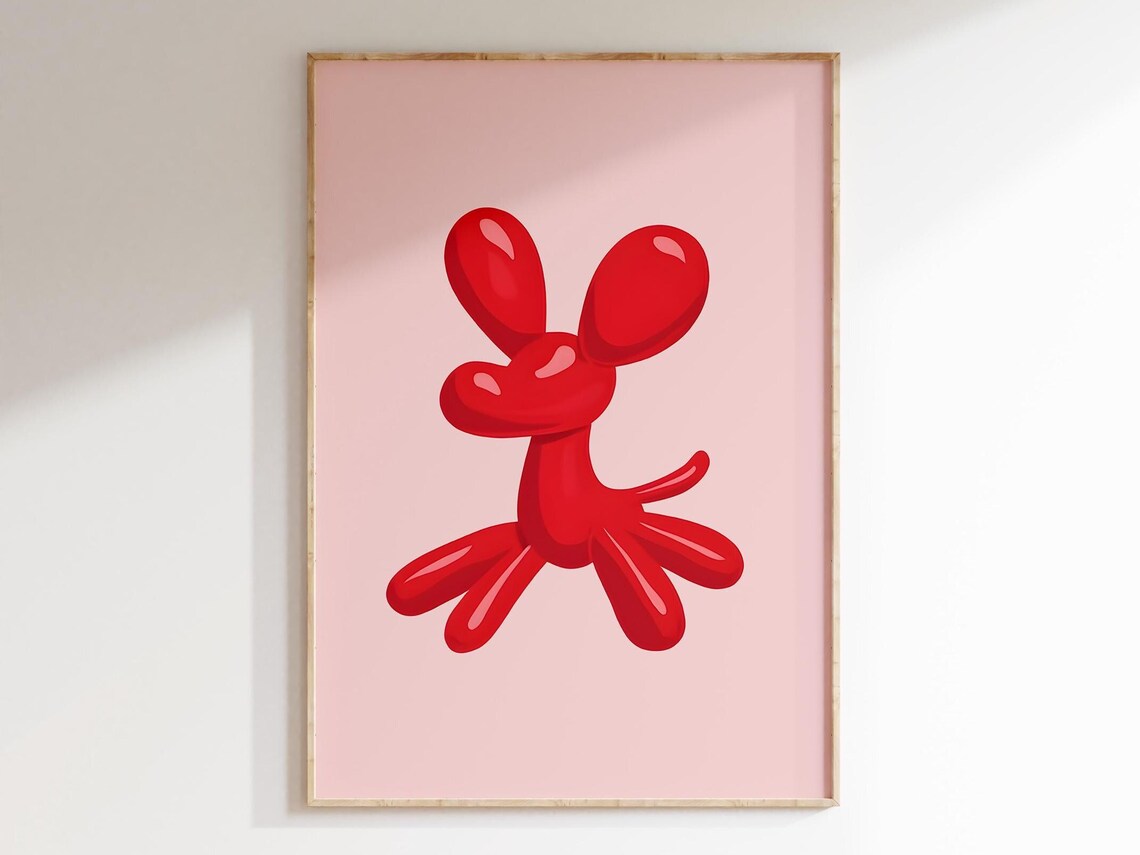 Red Balloon Mouse on Pink Background Playful Kids Room Animal Poster