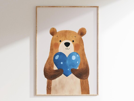 Bear Hugging Blue Heart Balloon Cute Nursery Love Animal Poster