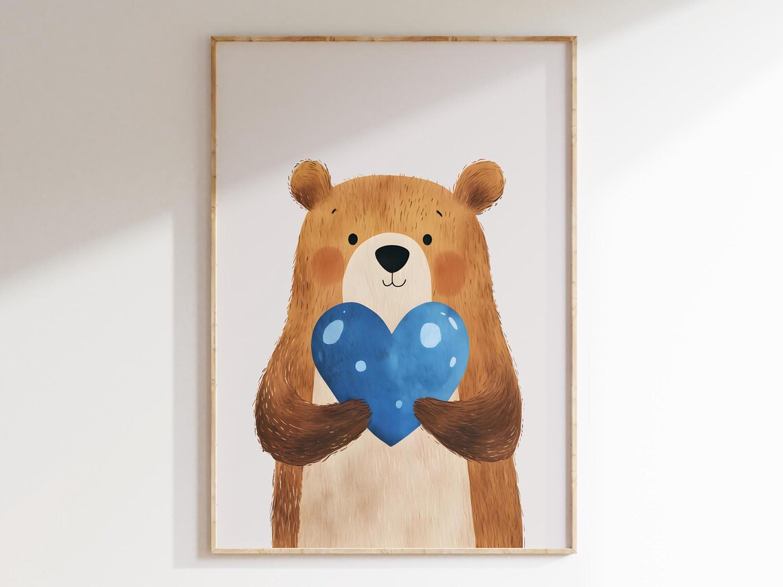 Bear Hugging Blue Heart Balloon Cute Nursery Love Animal Poster