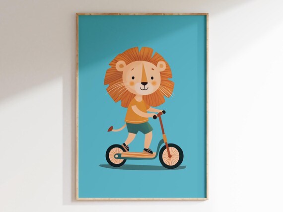 Cute Lion Kid Riding a Wooden Scooter on Turquoise Nursery Poster Art