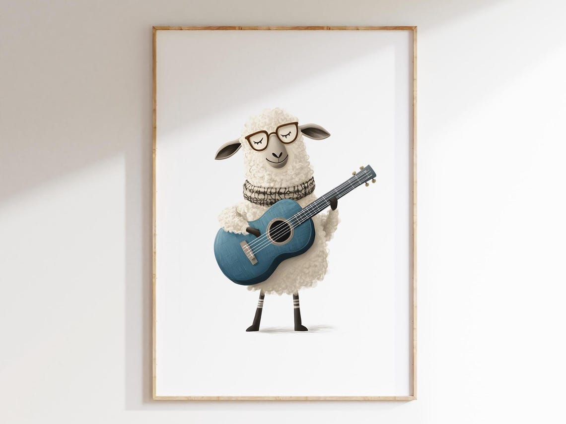 Hipster Sheep in Glasses and Scarf Playing Blue Guitar Nursery Poster