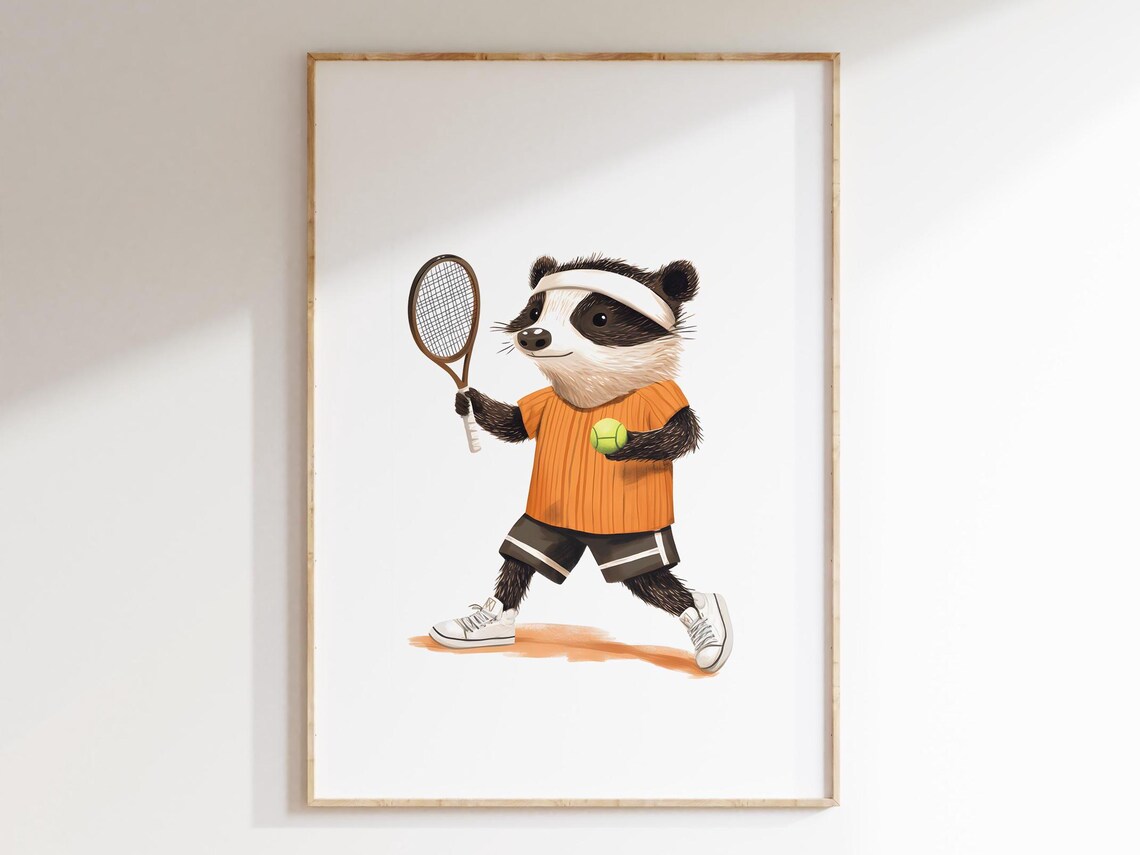 Badger Playing Tennis in an Orange Shirt and Headband Poster