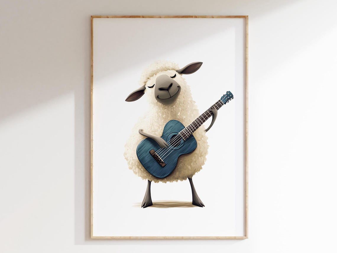 Fluffy Sheep Strumming a Blue Guitar Sweet Nursery Animal Art Poster