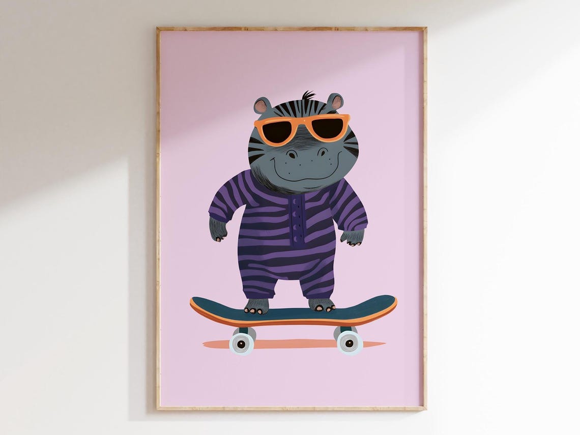 Happy Hippo in Orange Sunglasses Riding a Skateboard Nursery Poster