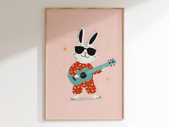 Cool Rabbit with Sunglasses Playing Green Guitar Pink Nursery Poster
