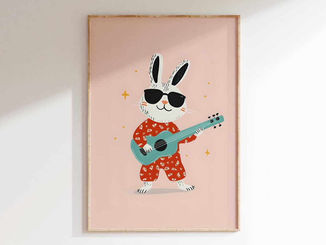 Cool Rabbit with Sunglasses Playing Green Guitar Pink Nursery Poster