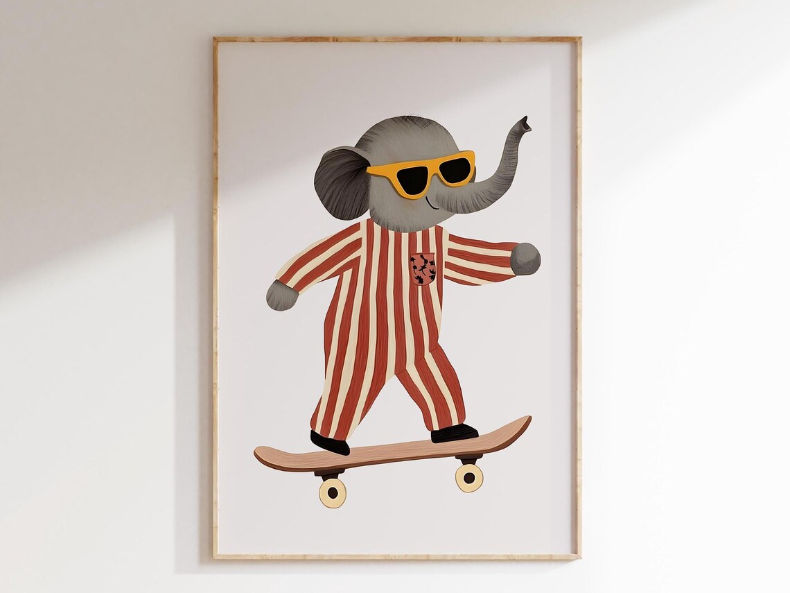 Skateboarding Elephant Nursery Wall Art Print