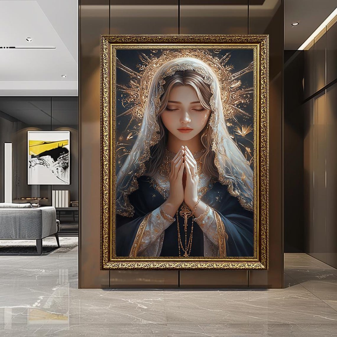 Praying Virgin Mary Navy Robe Gold Trim Lace Veil Catholic Poster