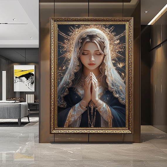 Praying Virgin Mary Navy Robe Gold Trim Lace Veil Catholic Poster
