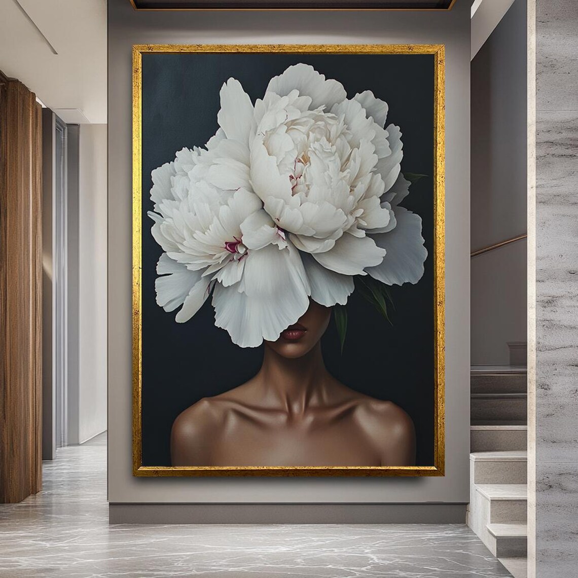 Elegant Woman With Peony Luxury Floral Art Print