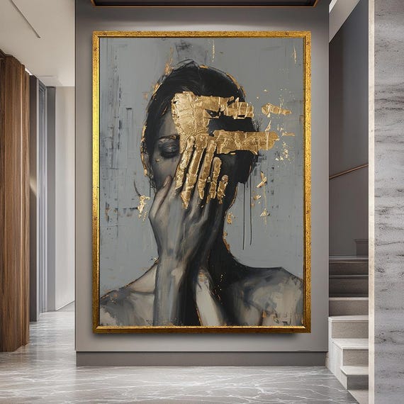 Gold Leaf Abstract Portrait Contemporary Expressionist Canvas Art