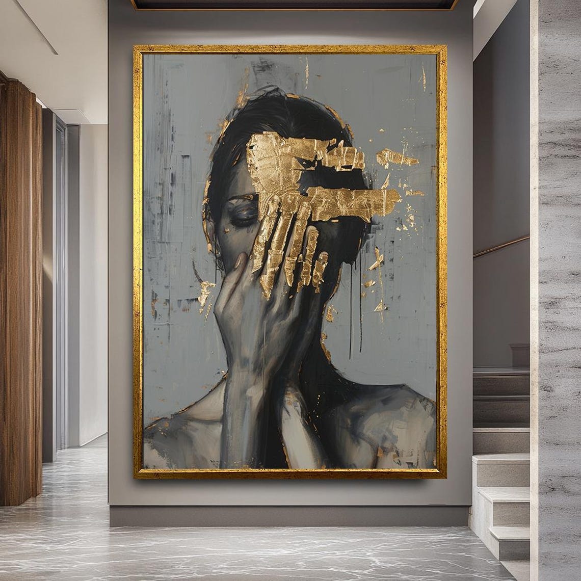 Gold Leaf Abstract Portrait Contemporary Expressionist Canvas Art