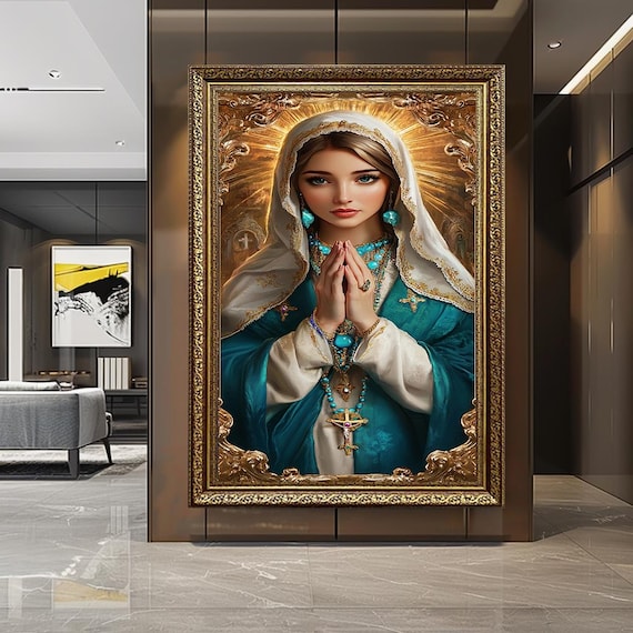 Praying Virgin Mary Teal Robe Turquoise Jewelry Catholic Devotional Poster