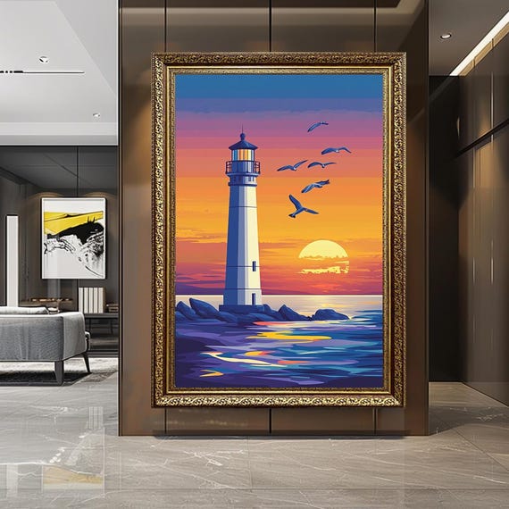 Lighthouse Sunset Canvas Art Coastal Seascape Painting