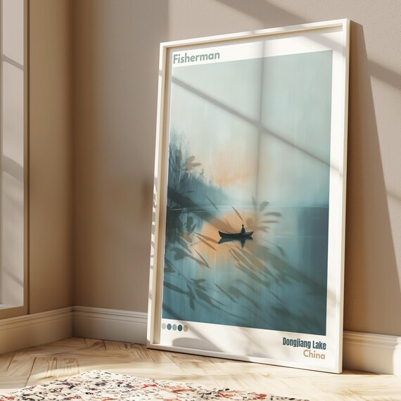 Lone Fisherman at Dawn Dongjiang Lake China Serene Water Art Poster