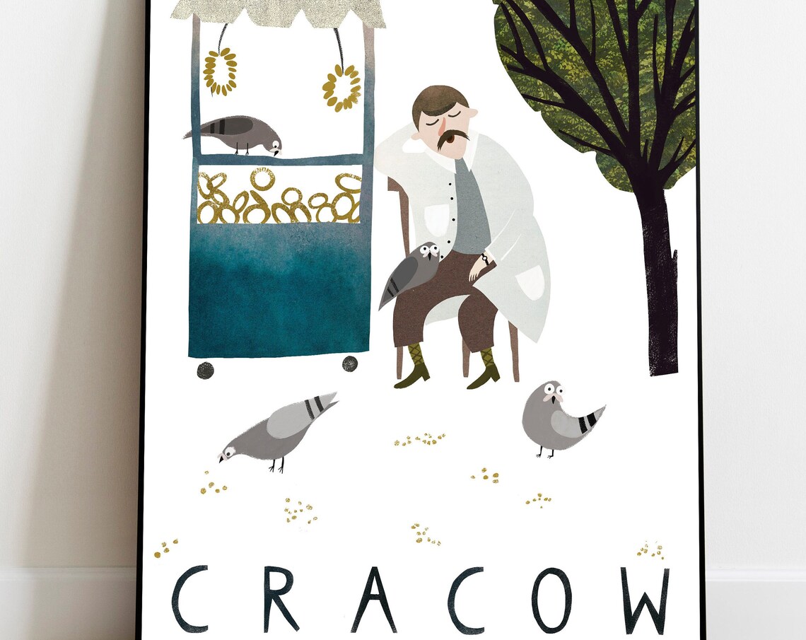 Cracow Obwarzanek Seller Dozing Pigeons Stealing Bread Rings Poster