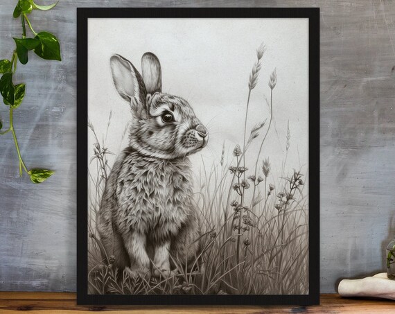 Rabbit in Tall Grass Graphite Pencil Drawing Wildlife Poster