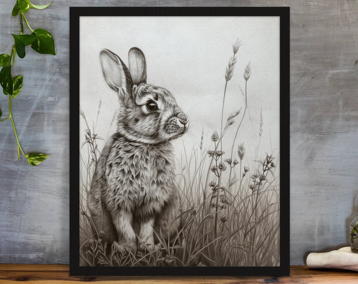 Rabbit in Tall Grass Graphite Pencil Drawing Wildlife Poster