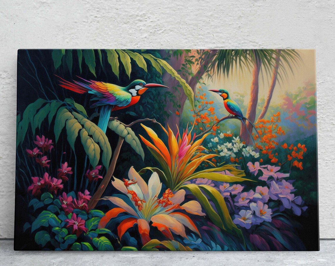 Jungle Birds and Passion Flowers, Oil Painting Art Print