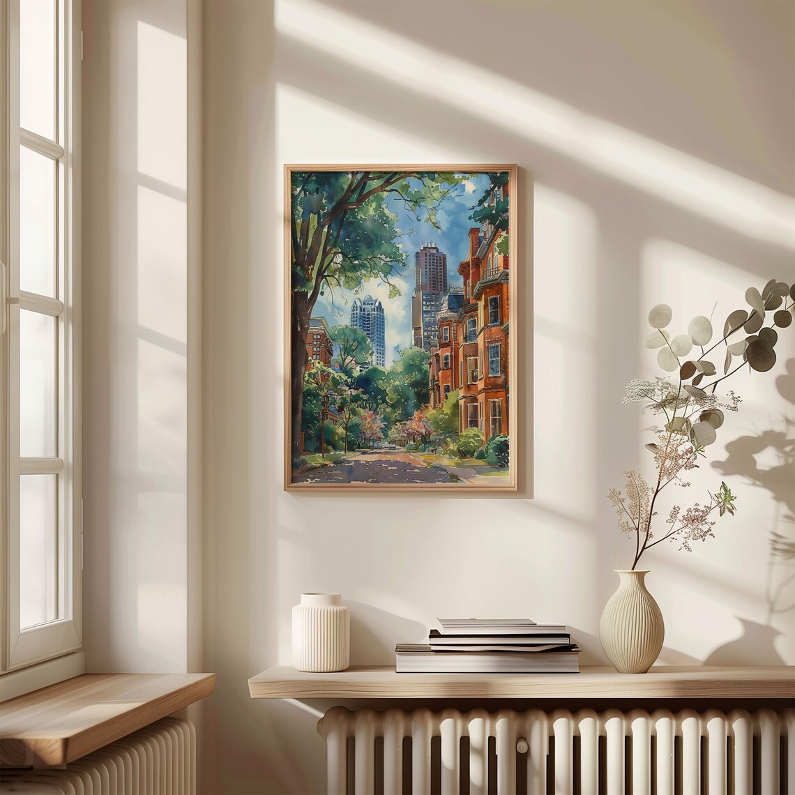 Leafy Brownstone Street City Skyline Summer Watercolor Print - Image 4
