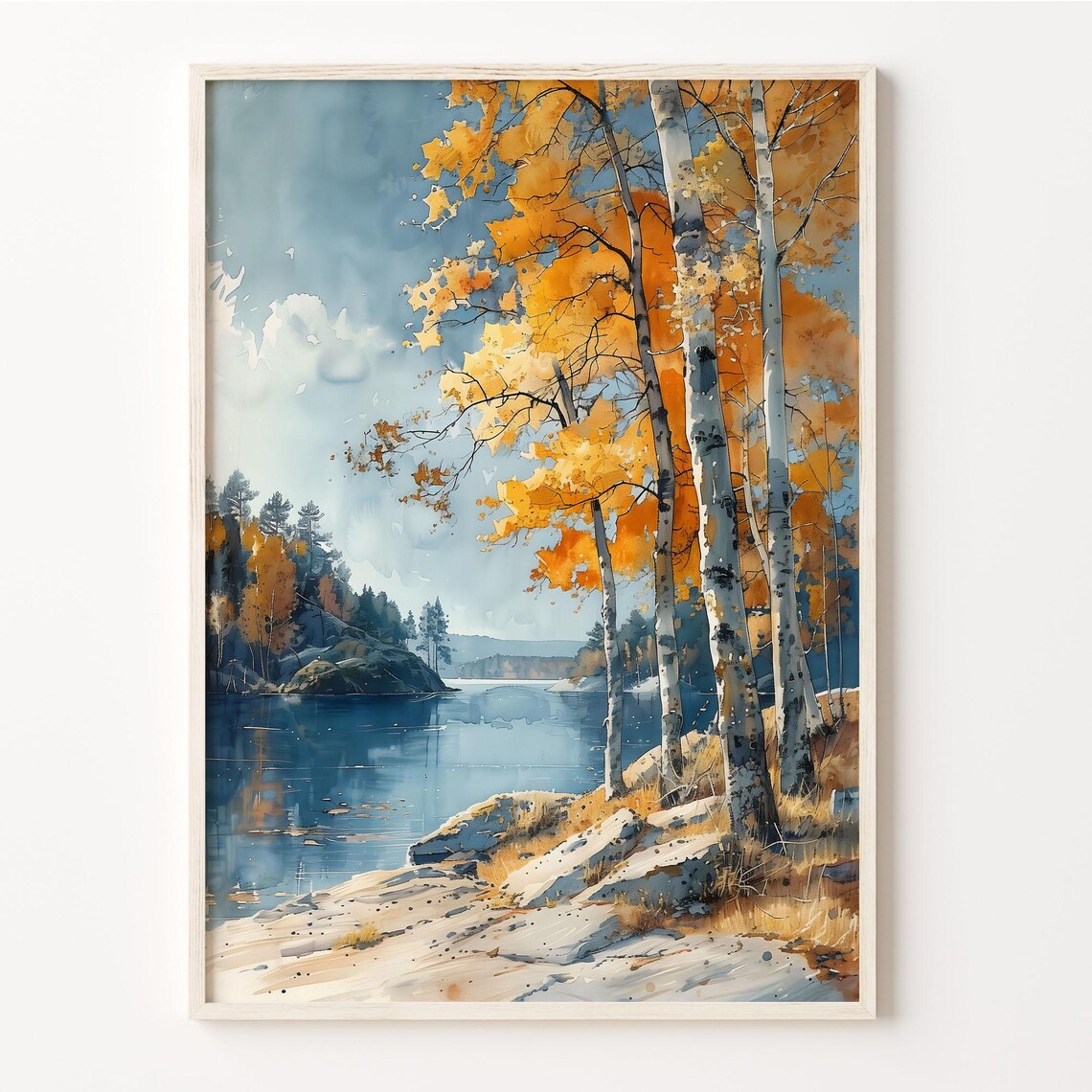 Finland Autumn Golden Birch Trees Calm Lakeside Watercolor Poster