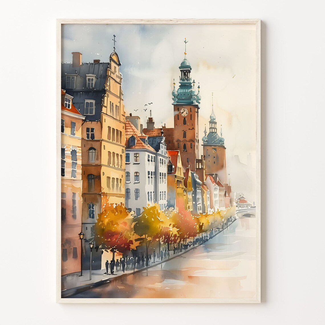 Copenhagen Watercolor Painting, Scandinavian Travel Poster